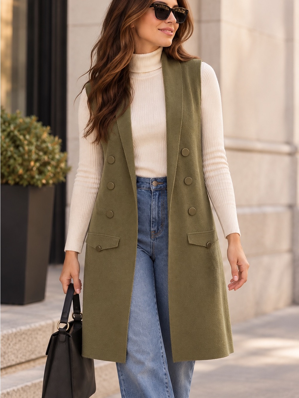 Atmosphere Olive Double-Breasted Sleeveless Long Vest